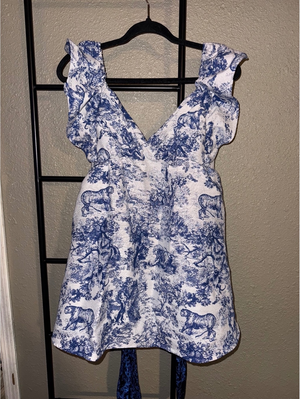 The Vintage Shop Blue White Toile Mini Dress Size M Velvet Bow Coquette